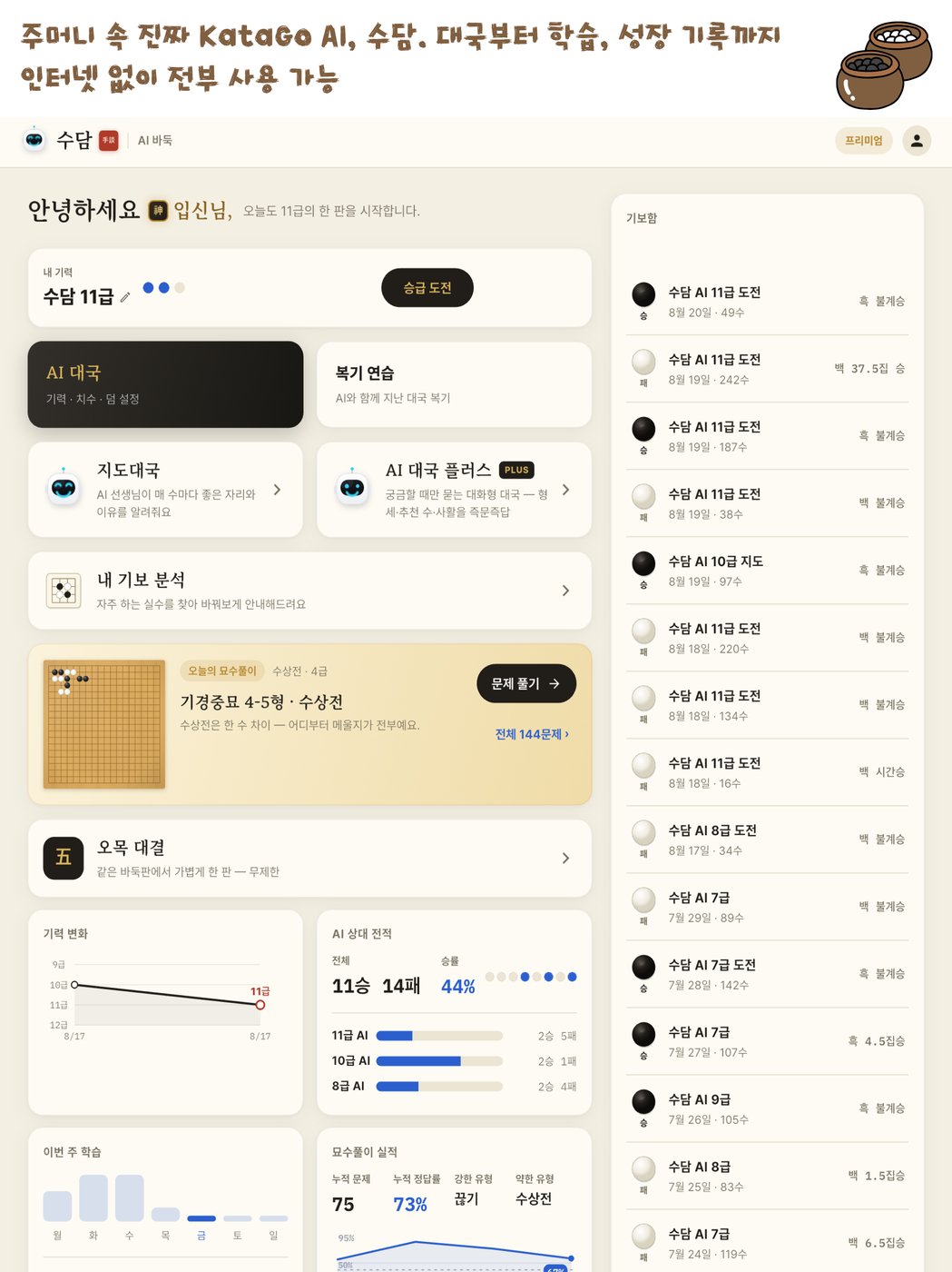 홈 — 주머니 속 진짜 KataGo AI, 인터넷 없이 전부 사용