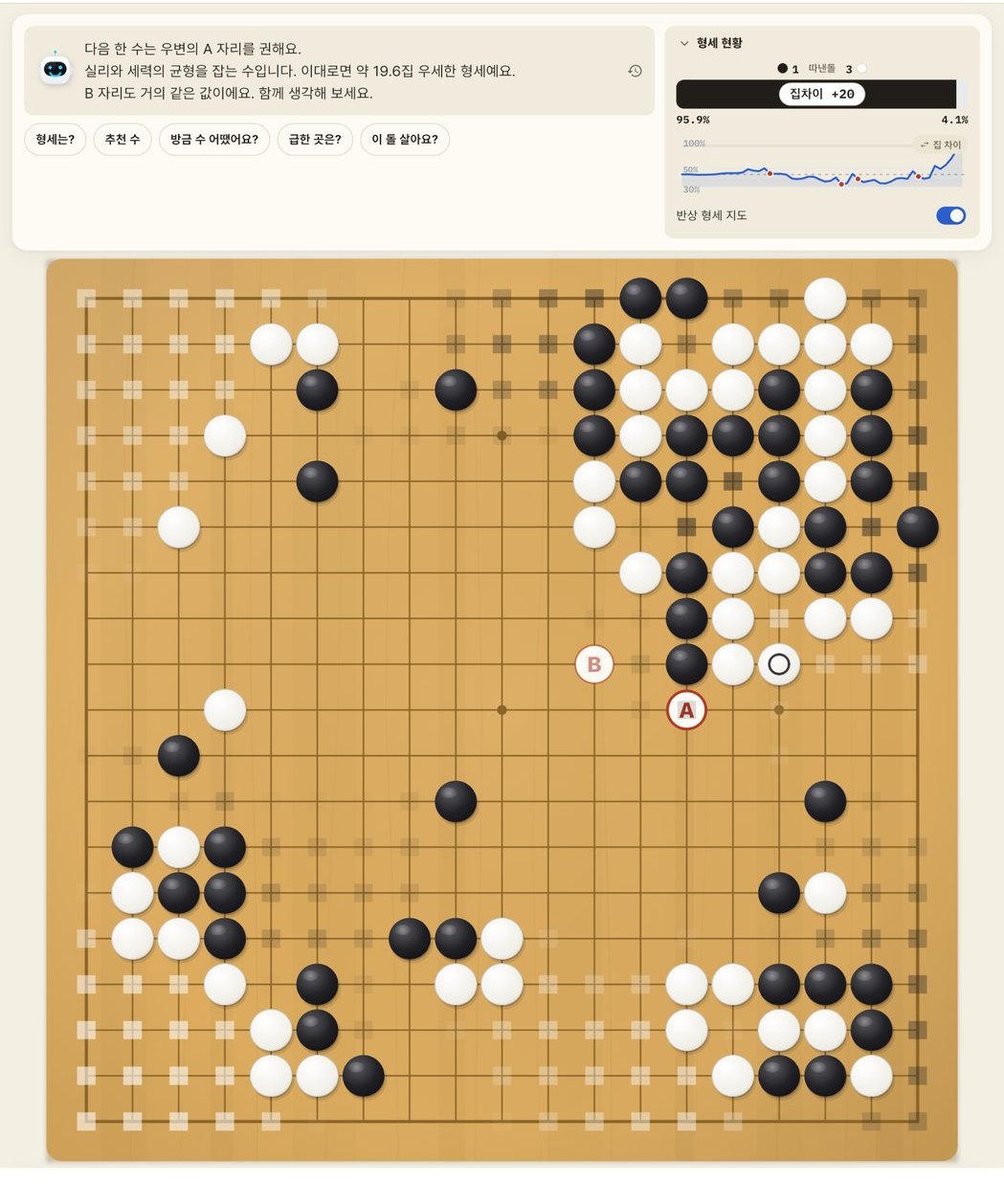 AI 대국 플러스 — 추천 자리 A·B 표시 화면